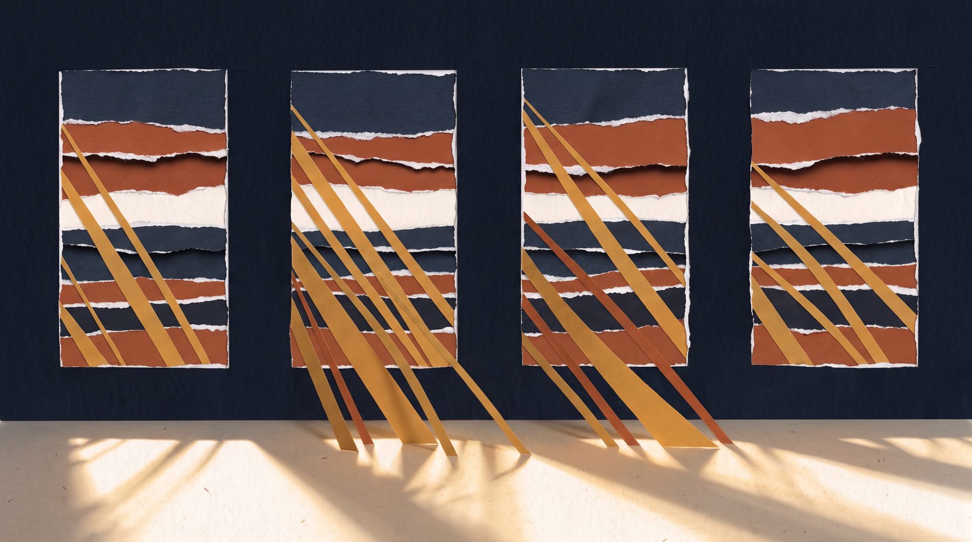 Cut paper illustration: four tall windows on a dark wall, with blades of low gold light falling through them onto a pale floor.